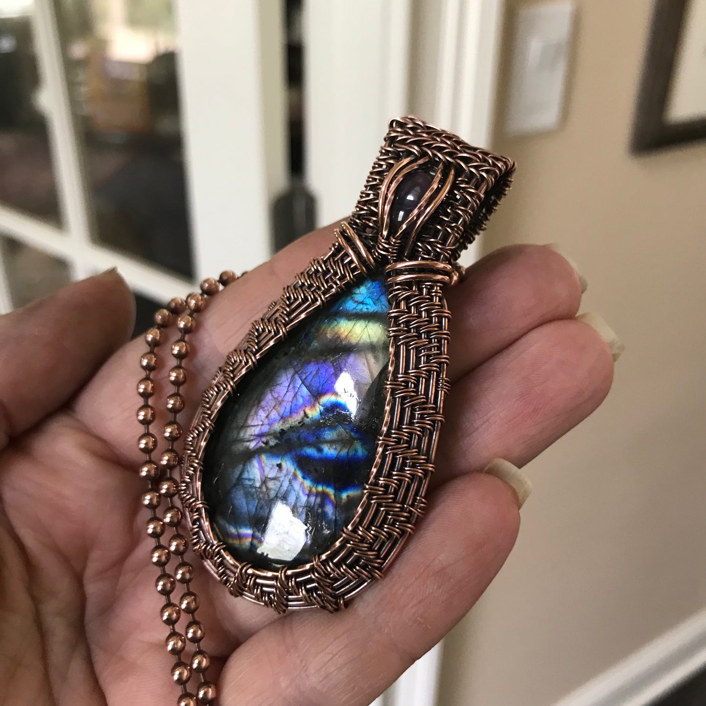 Rainbow Labradorite & Amethyst Wire Wrapped Copper Necklace