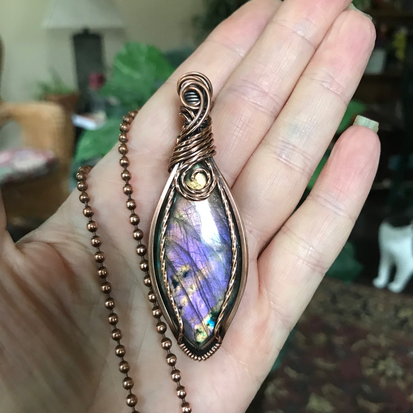 Purple & Yellow Marquis Labradorite Copper Wire Wrapped Pendant Necklace