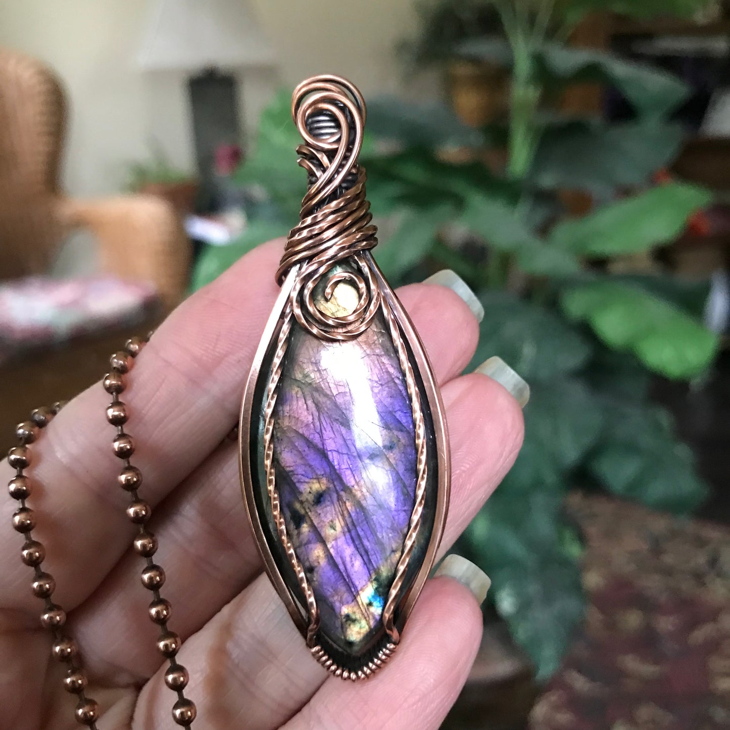 Purple & Yellow Marquis Labradorite Copper Wire Wrapped Pendant Necklace