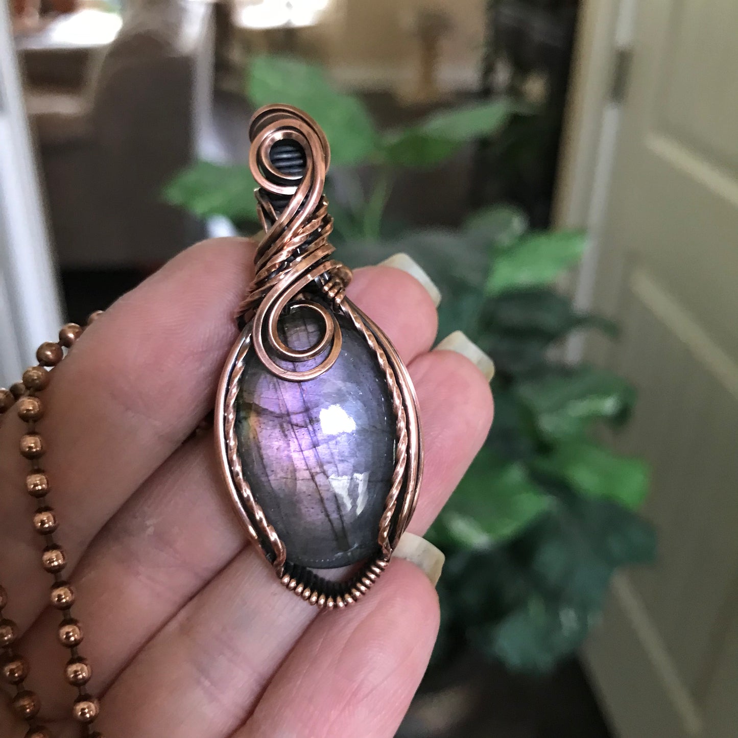 Purple Labradorite Small Oval Wire Wrapped Copper Necklace