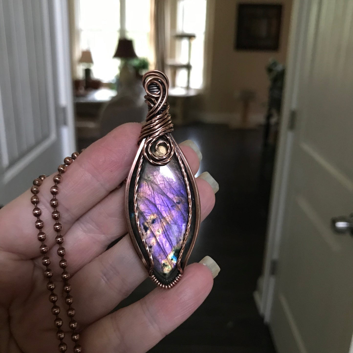 Purple & Yellow Marquis Labradorite Copper Wire Wrapped Pendant Necklace