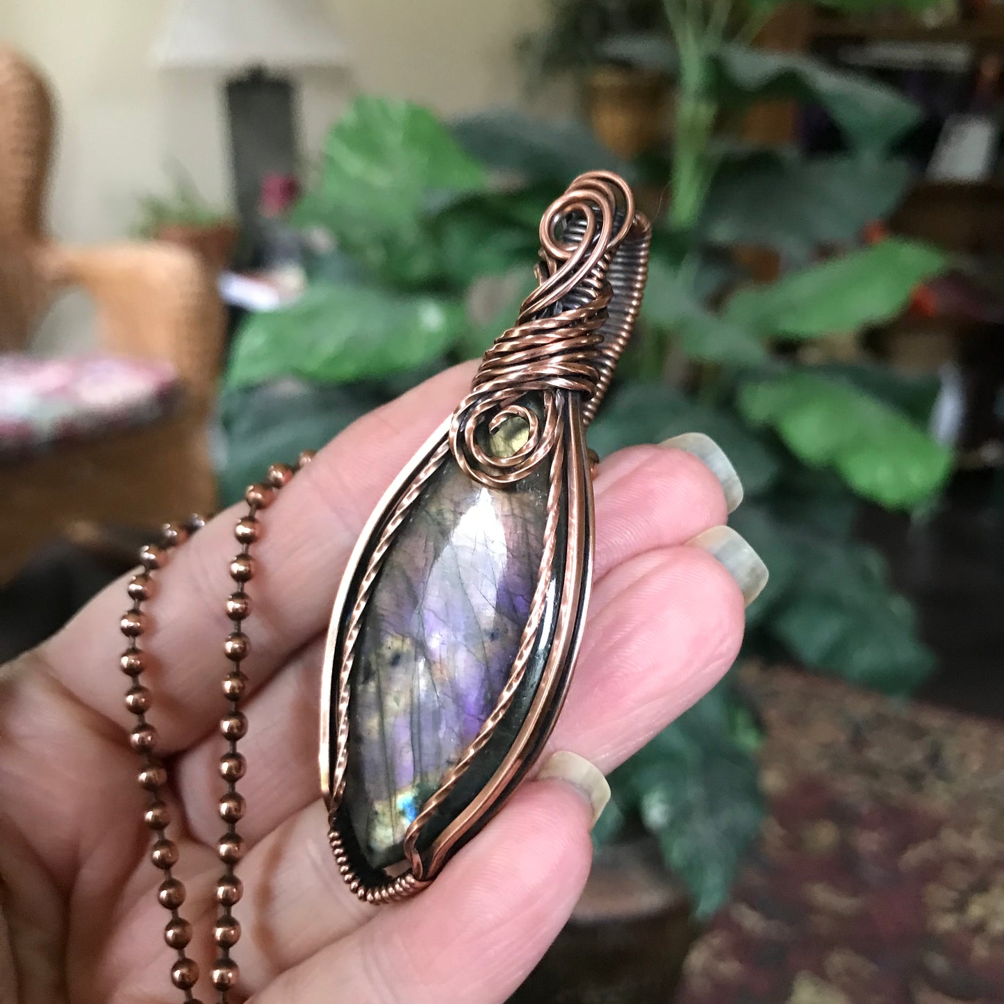 Purple & Yellow Marquis Labradorite Copper Wire Wrapped Pendant Necklace