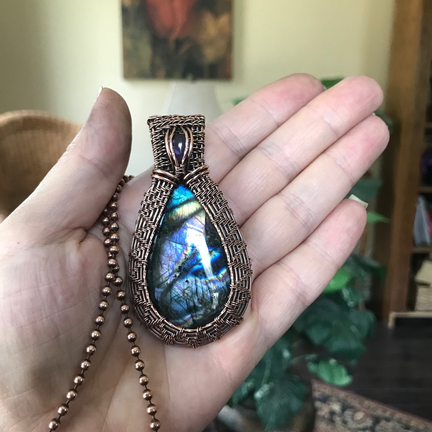 Rainbow Labradorite & Amethyst Wire Wrapped Copper Necklace