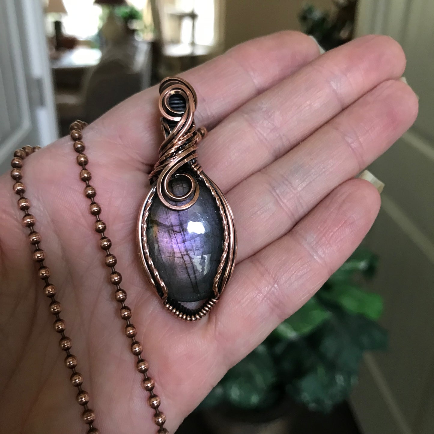 Purple Labradorite Small Oval Wire Wrapped Copper Necklace