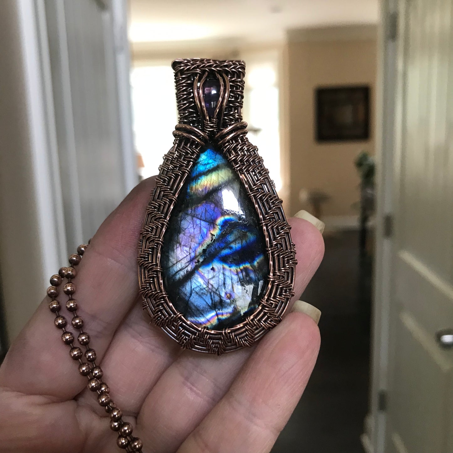 Rainbow Labradorite & Amethyst Wire Wrapped Copper Necklace