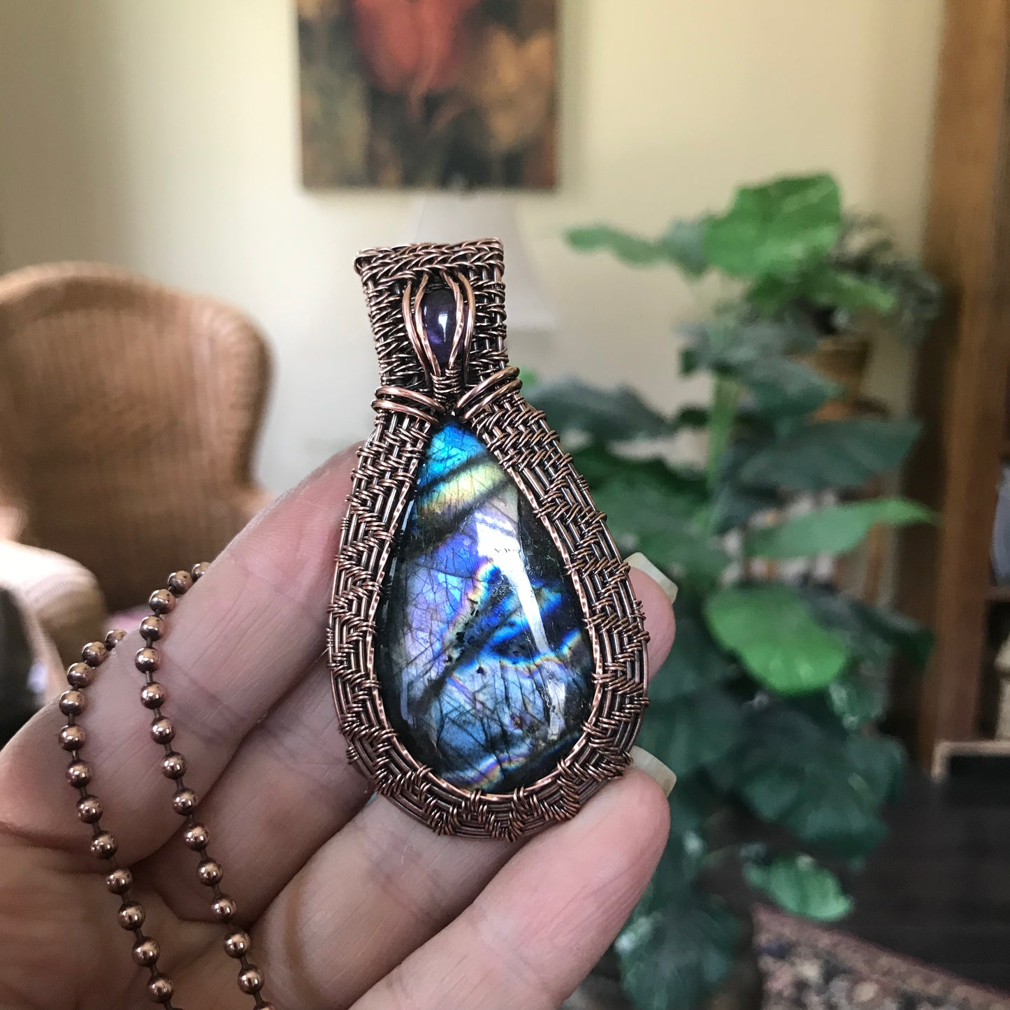 Rainbow Labradorite & Amethyst Wire Wrapped Copper Necklace