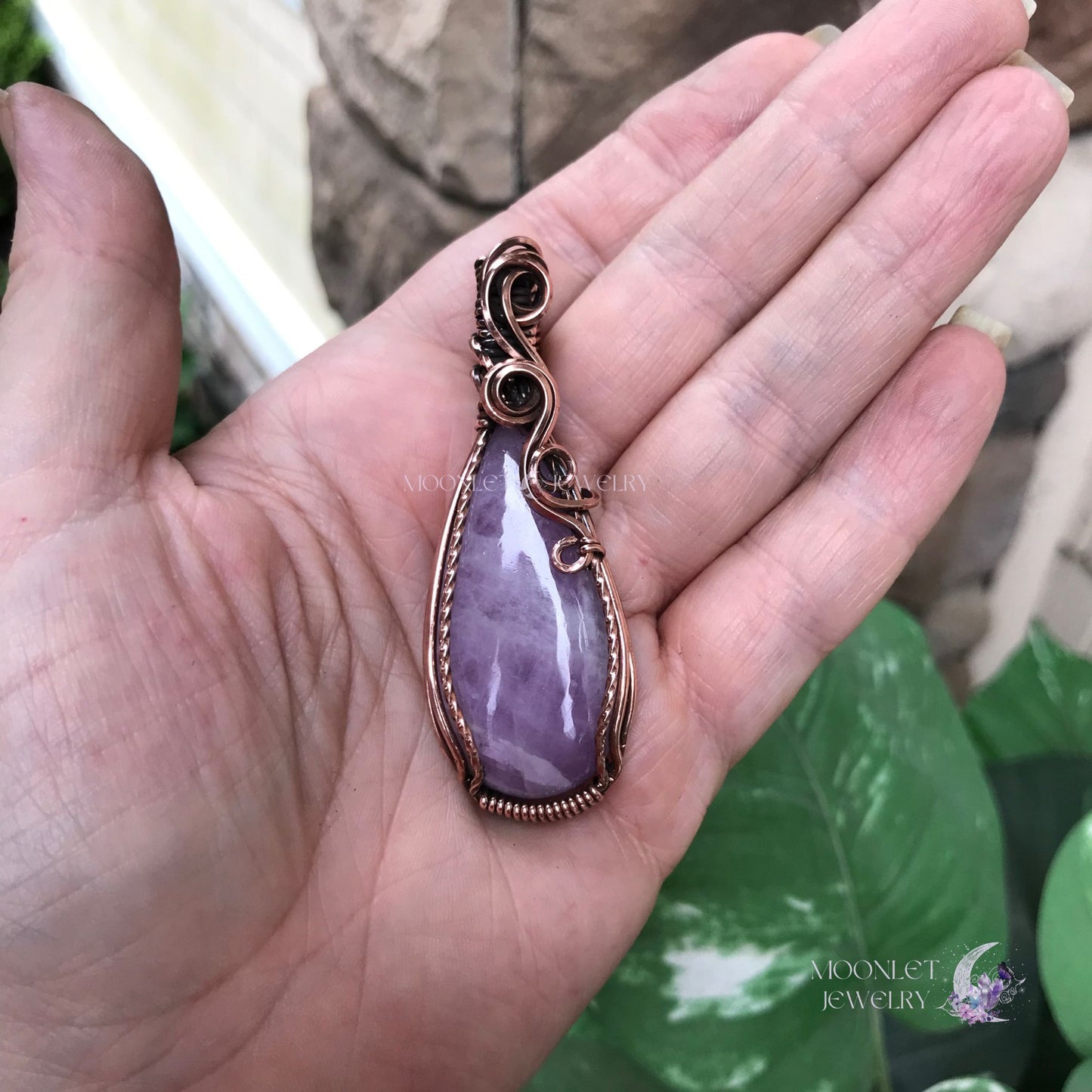 kunzite long teardrop swirly copper necklace moonlet jewelry