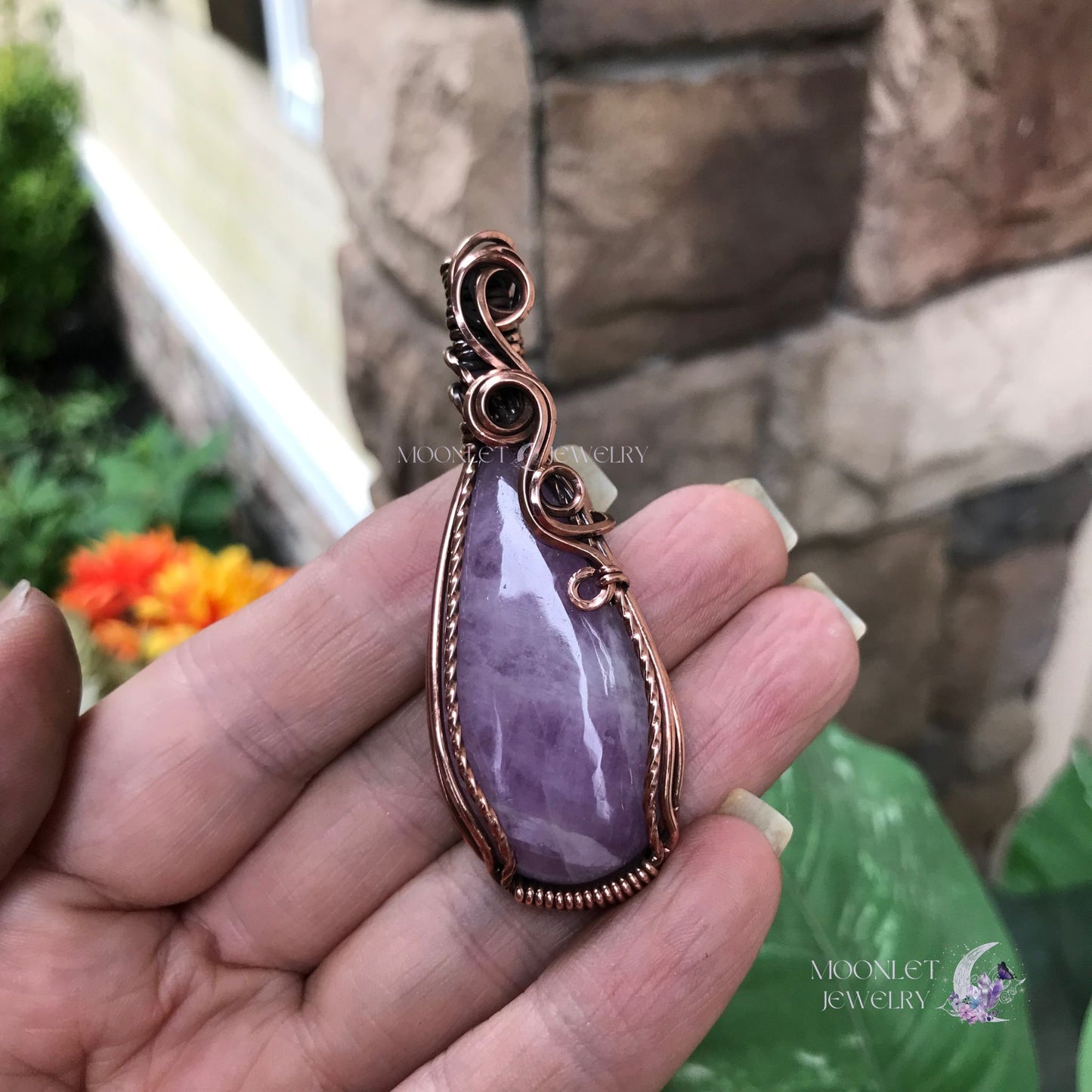 kunzite long teardrop swirly copper necklace moonlet jewelry