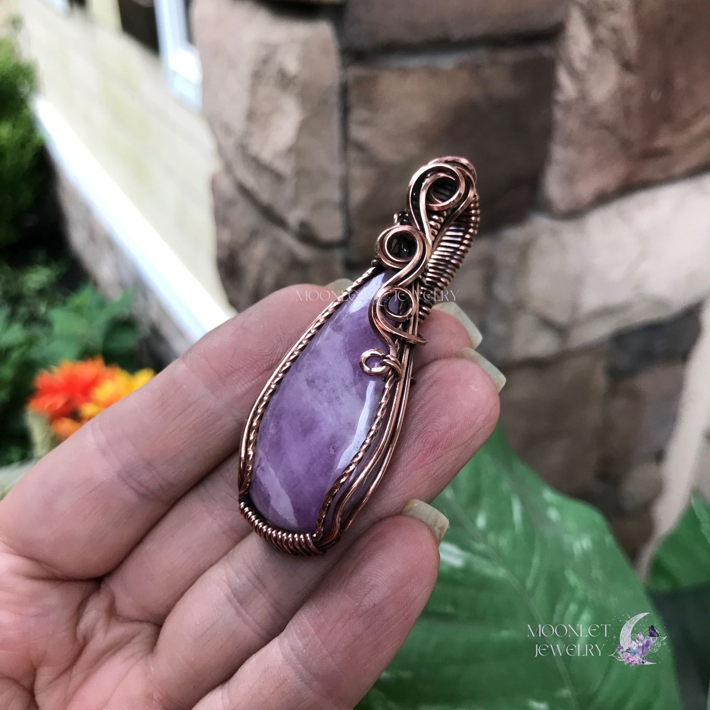 kunzite long teardrop swirly copper necklace moonlet jewelry