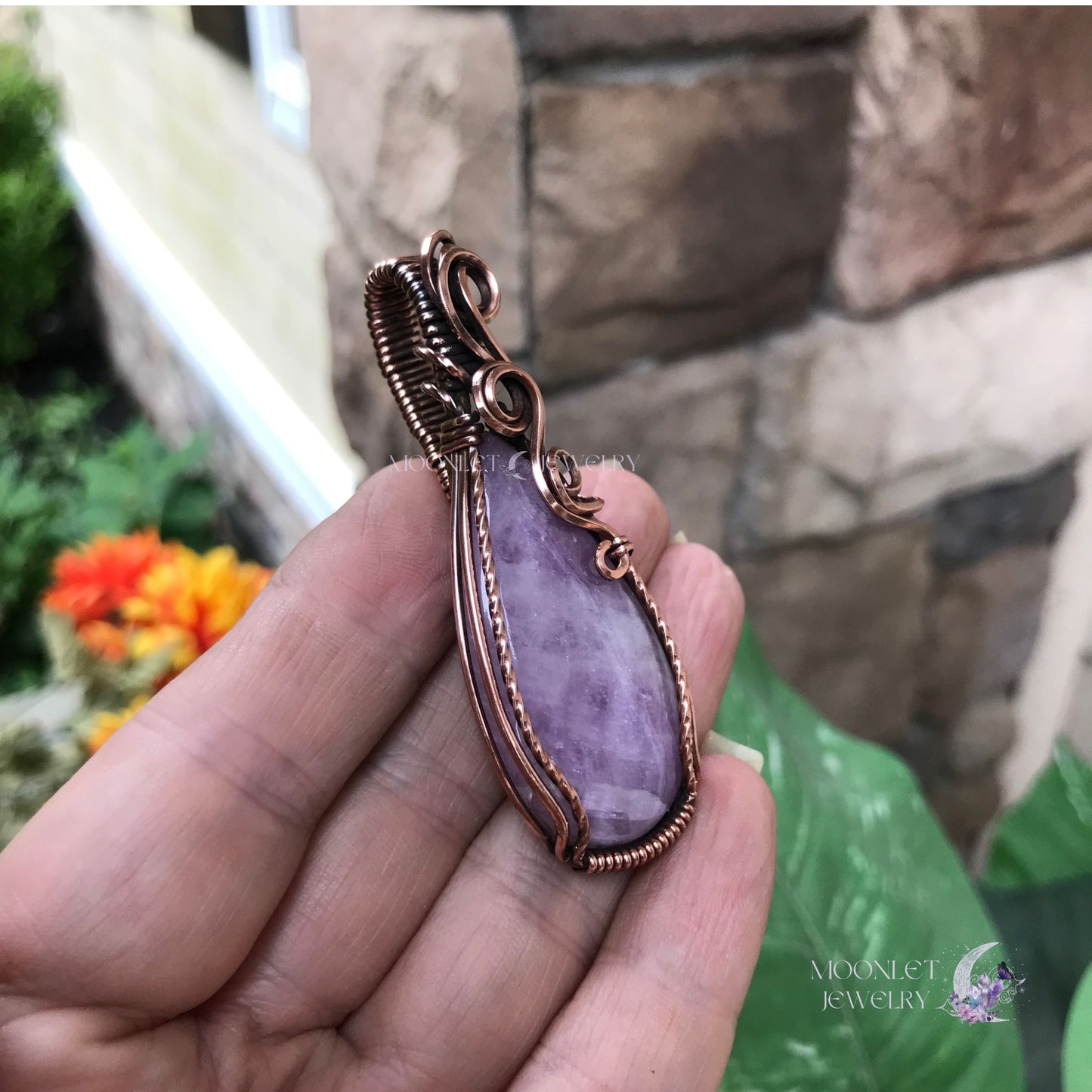 kunzite long teardrop swirly copper necklace moonlet jewelry