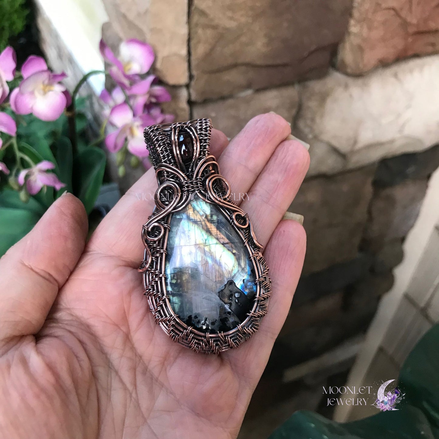 moonstone garnet large oval swirly copper woven pendant