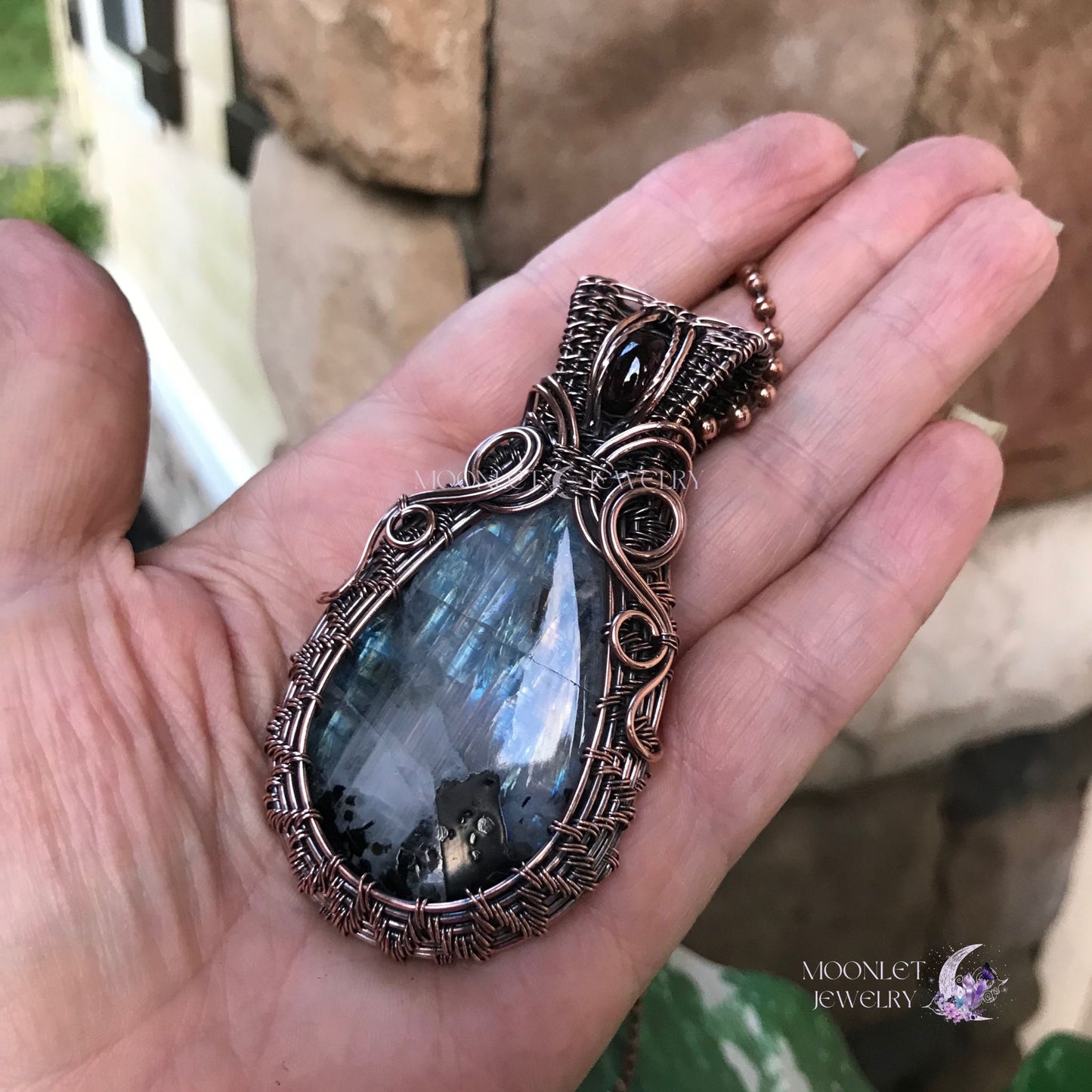 moonstone garnet large oval swirly copper woven pendant