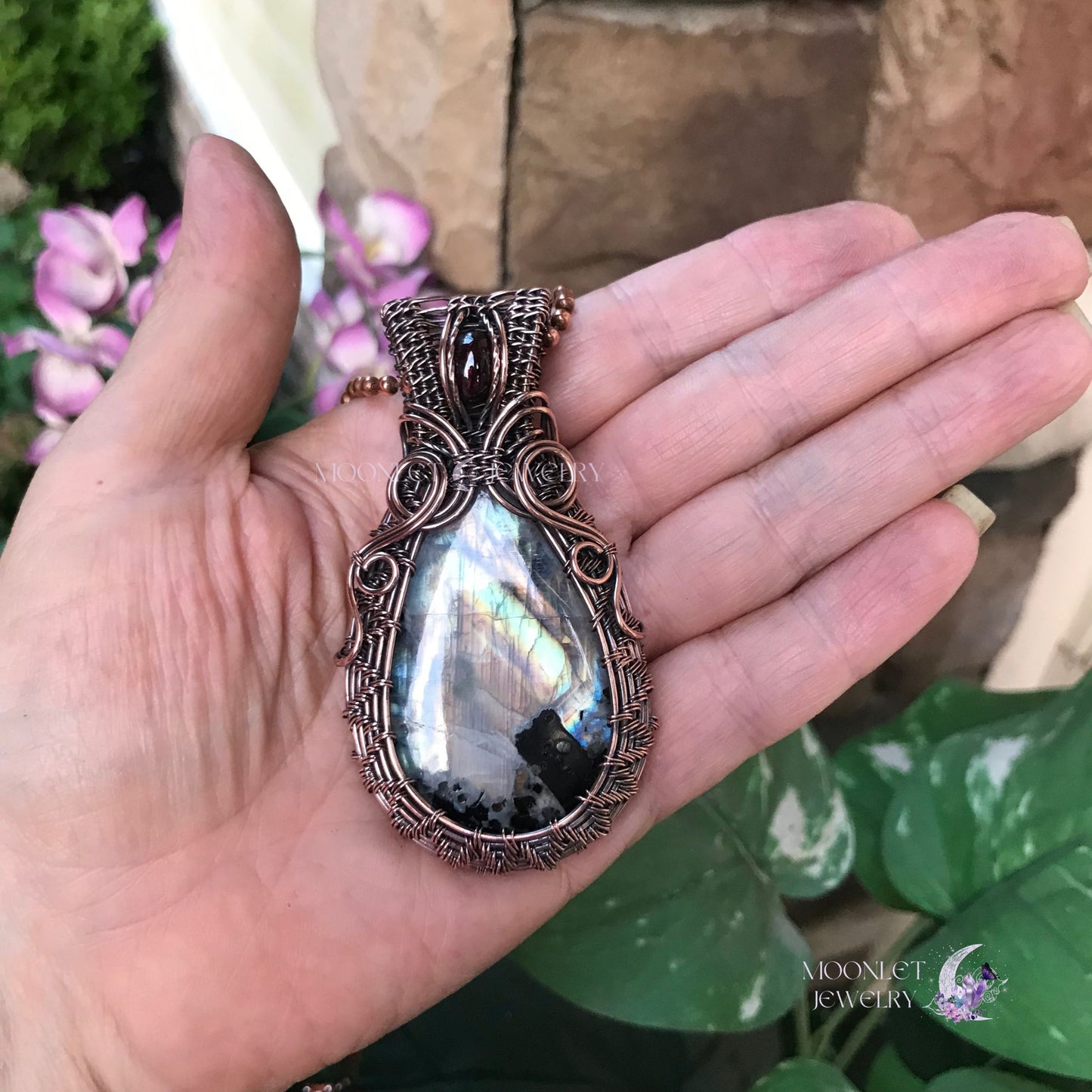 moonstone garnet large oval swirly copper woven pendant