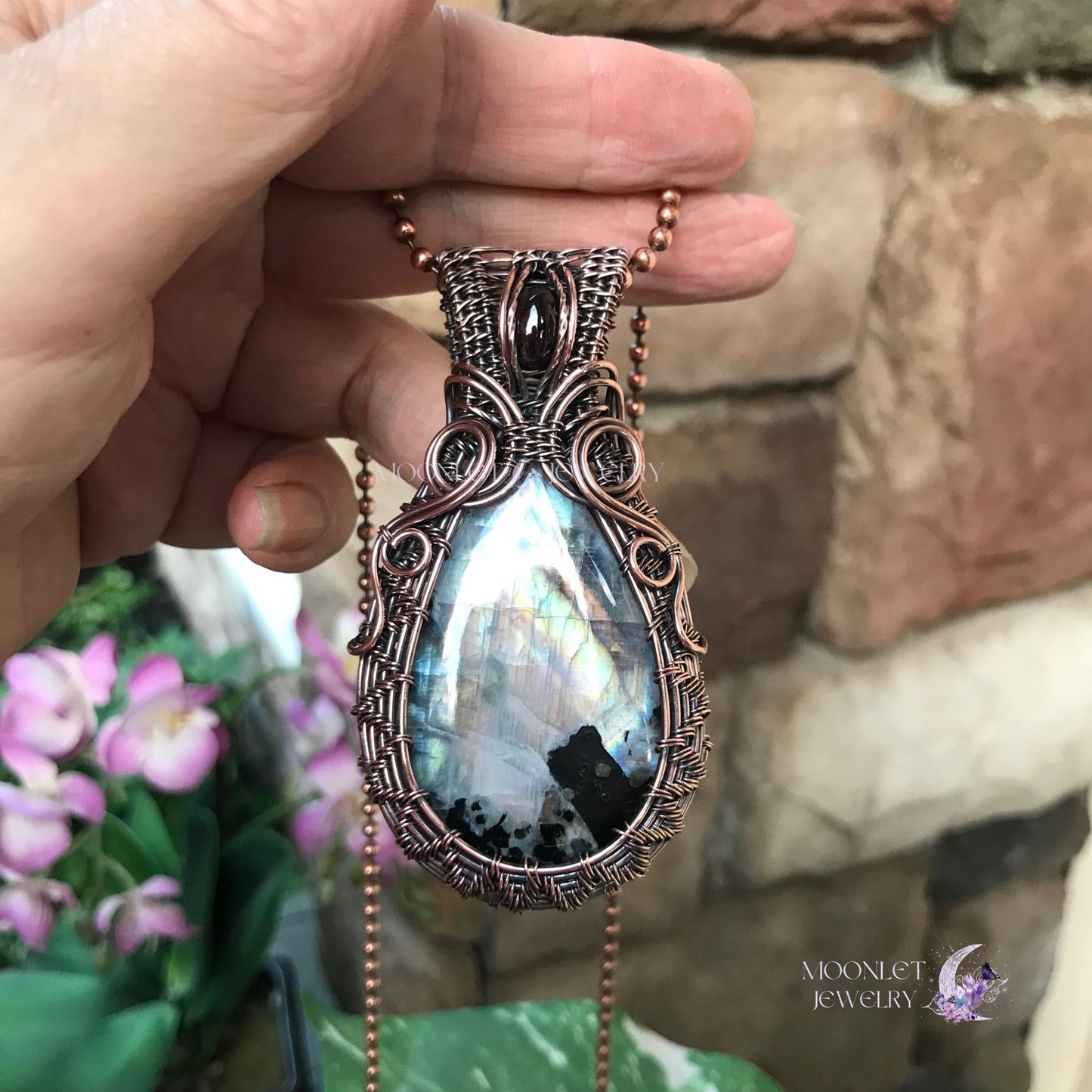 moonstone garnet large oval swirly copper woven pendant
