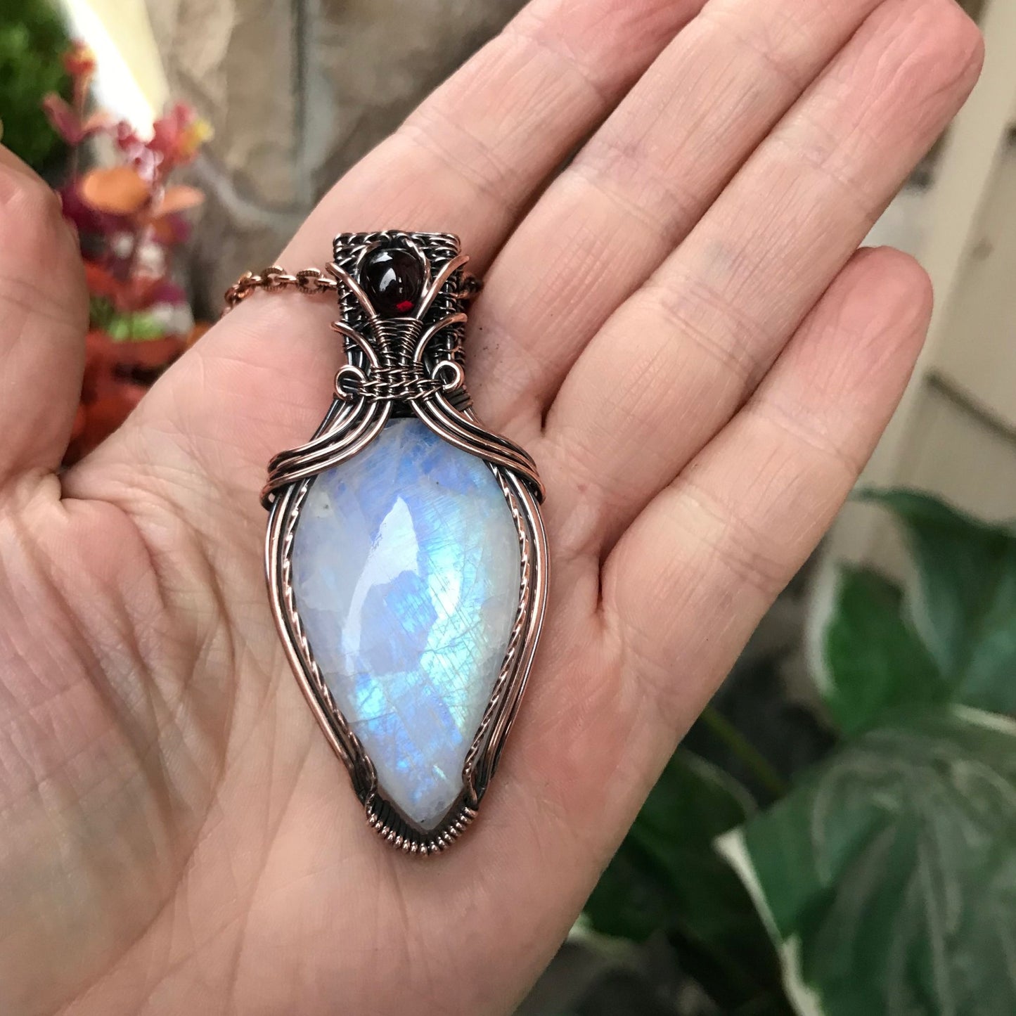 moonstone garnet teardrop copper pendant