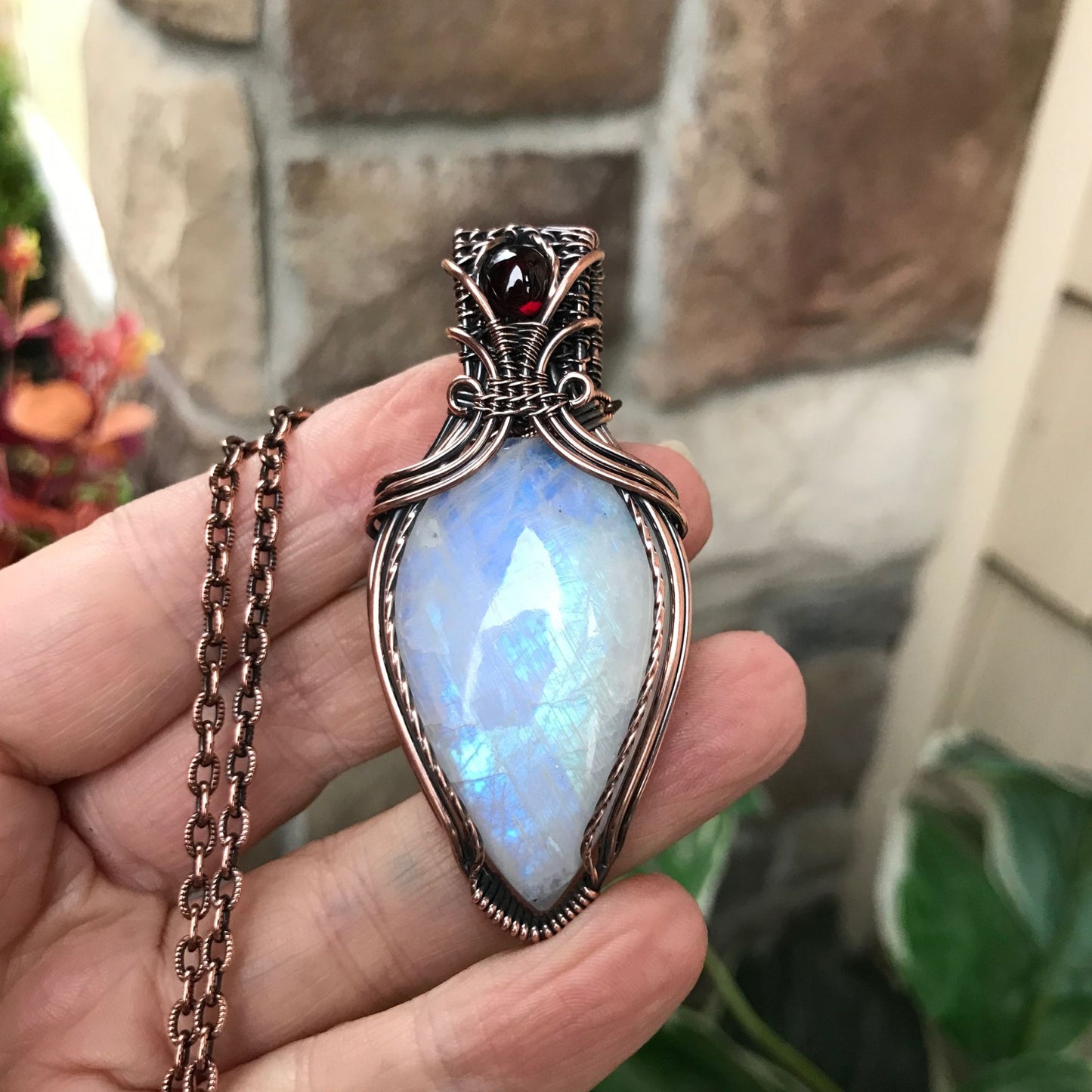 moonstone garnet teardrop copper pendant