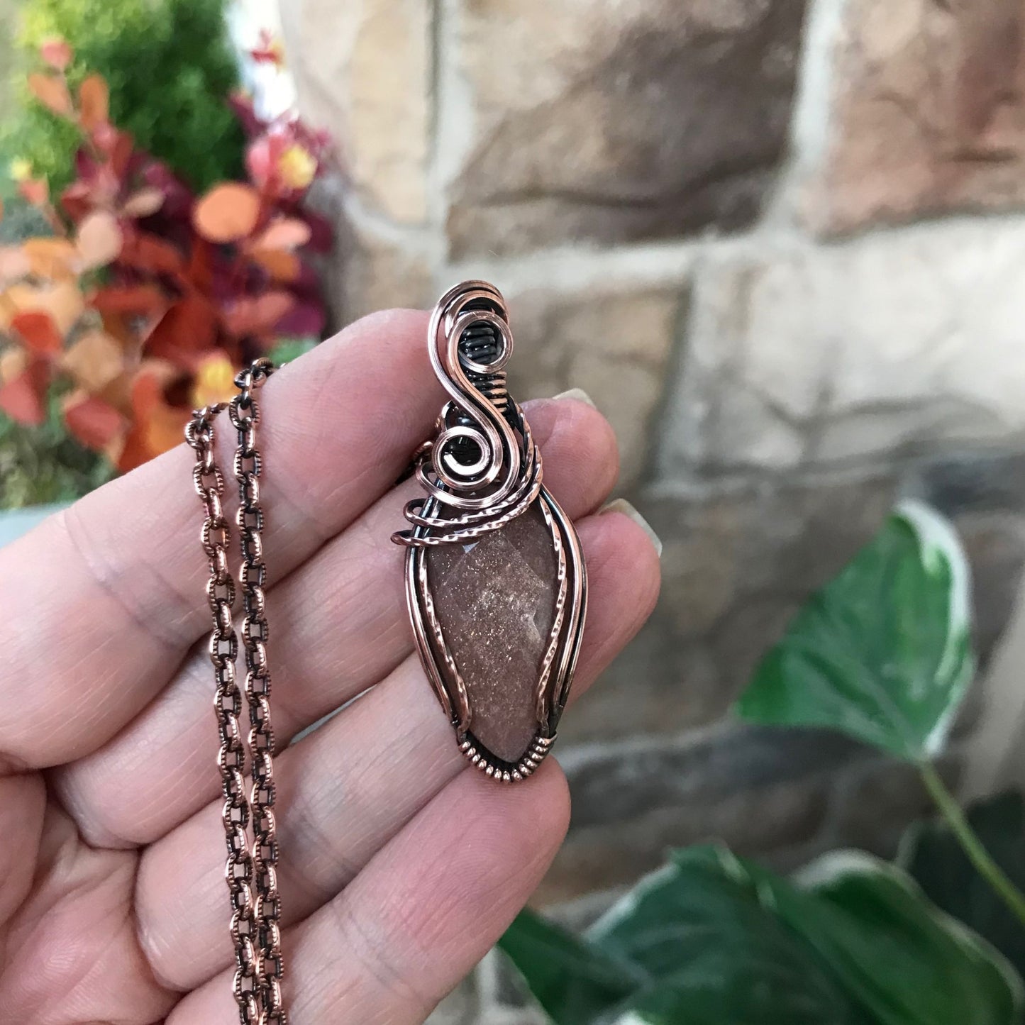 peach moonstone swirly small teardrop copper necklace