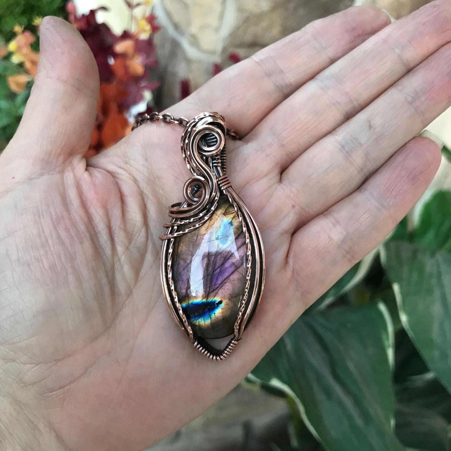 pink purple amber labradorite oval copper necklace