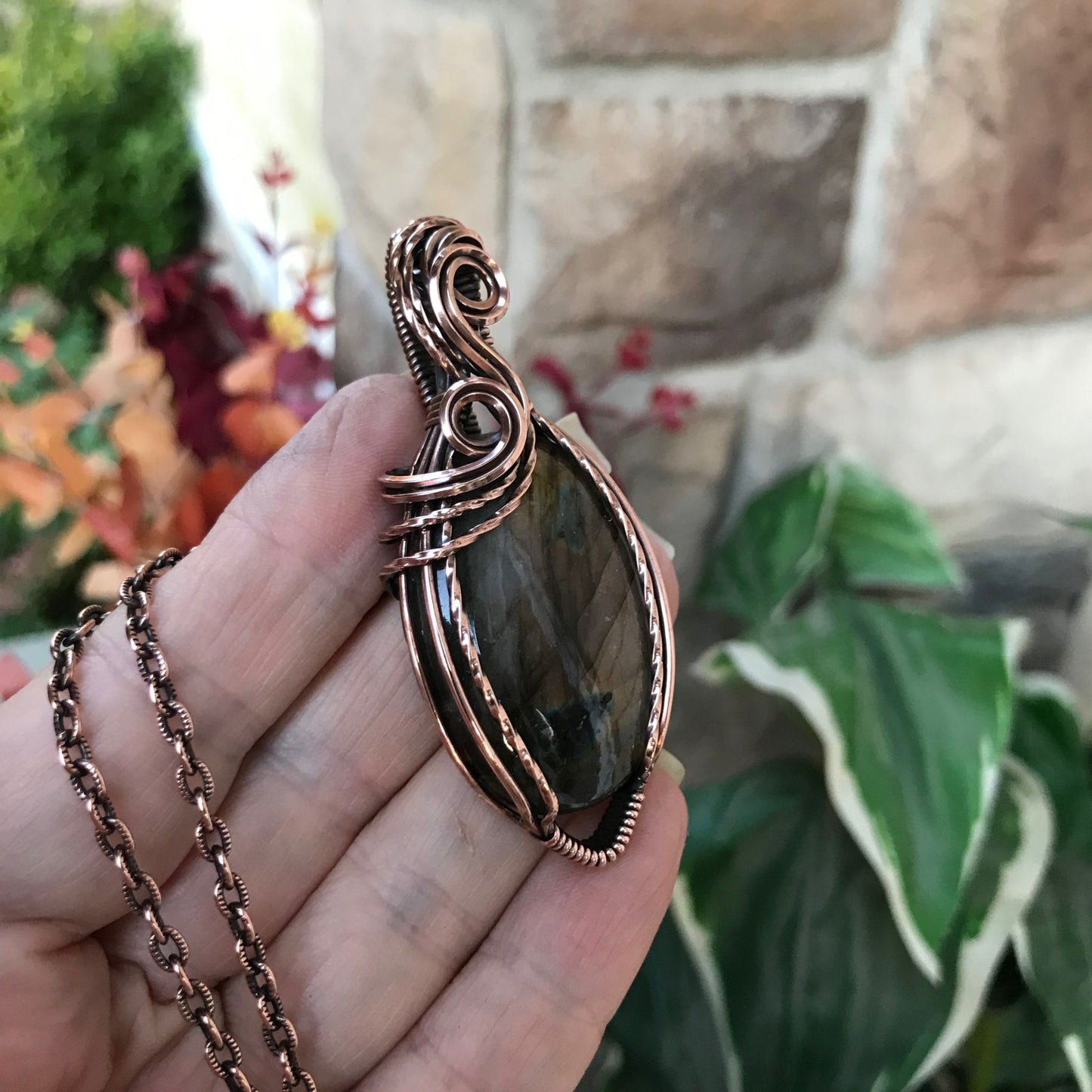 pink purple amber labradorite oval copper necklace