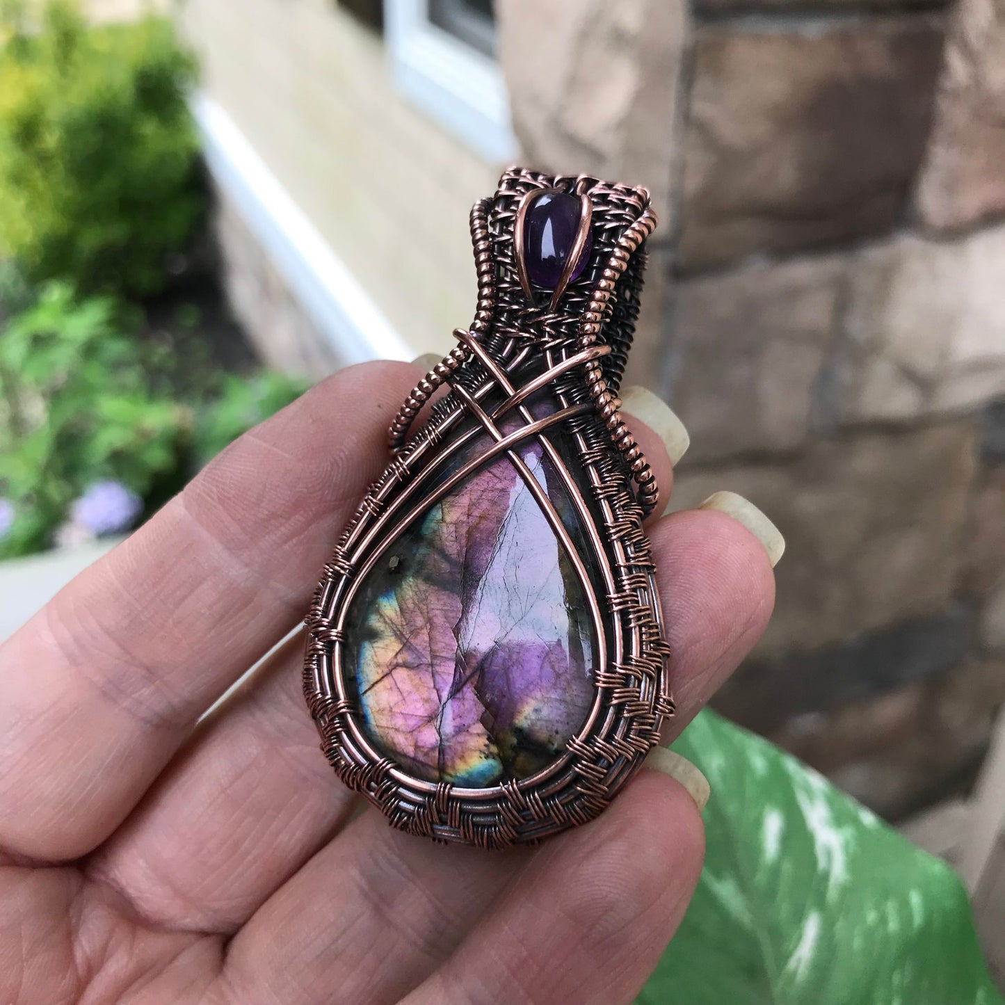 purple labradorite & amethyst criss cross wire weave necklace moonlet jewelry