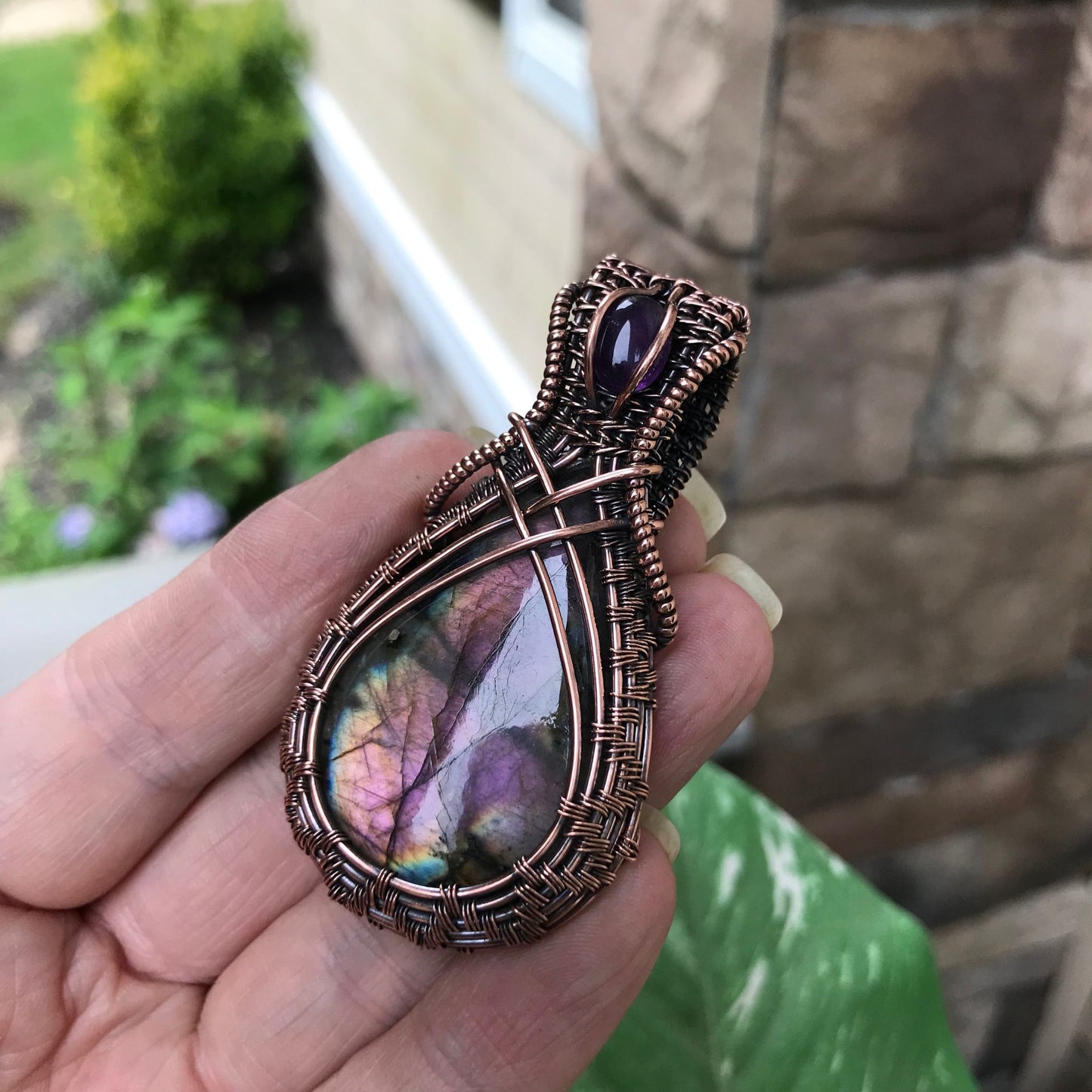purple labradorite & amethyst criss cross wire weave necklace moonlet jewelry