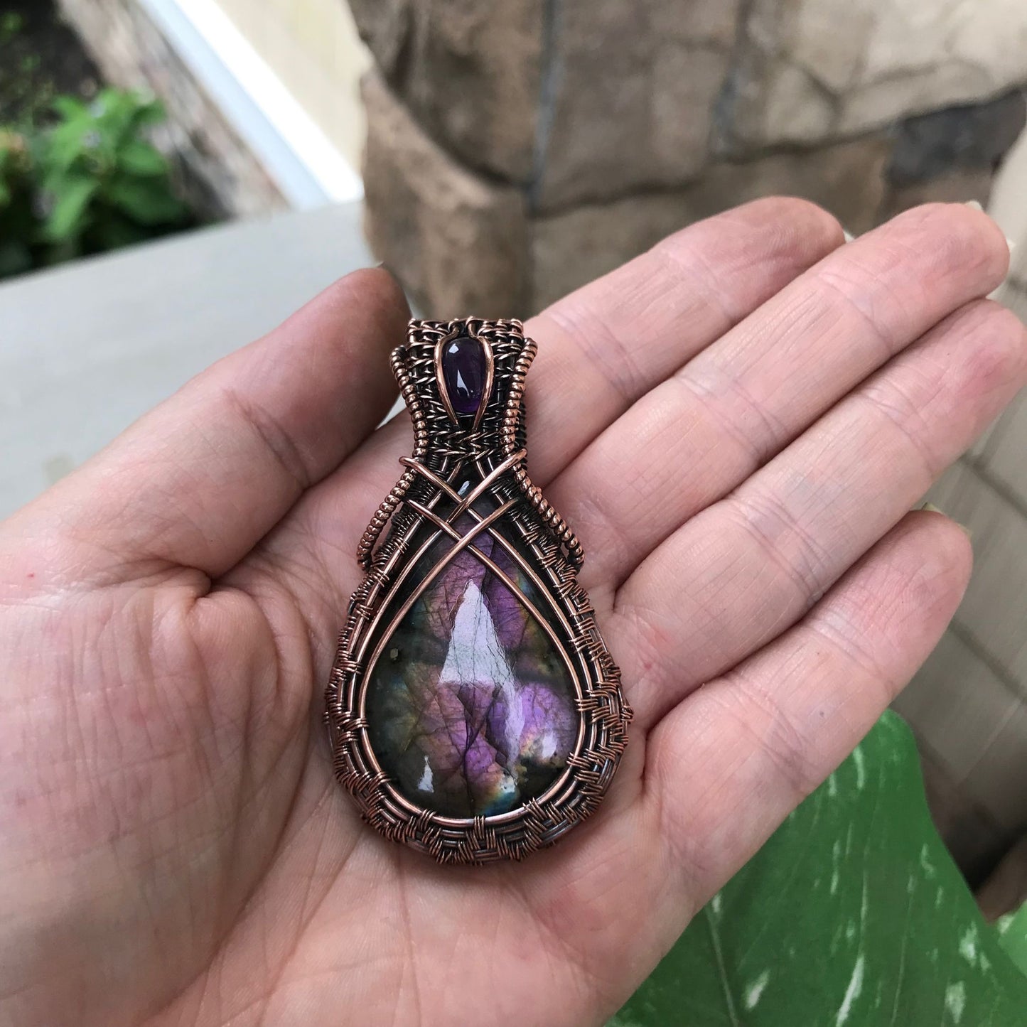 purple labradorite & amethyst criss cross wire weave necklace moonlet jewelry