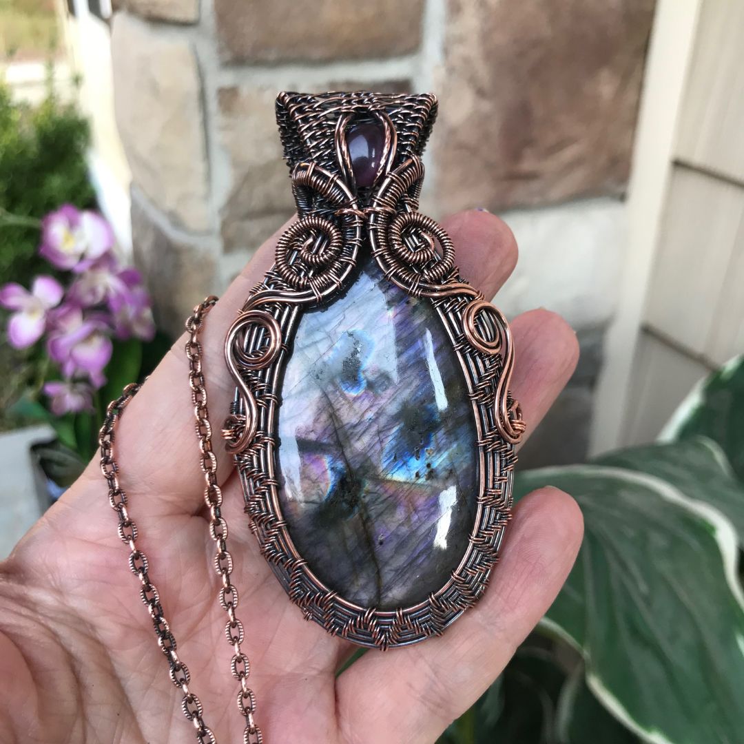 purple labradorite pink cats eye large oval woven copper pendant