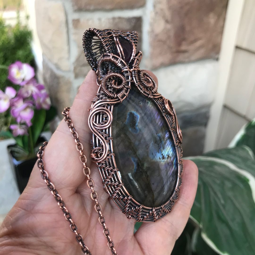 purple labradorite pink cats eye large oval woven copper pendant