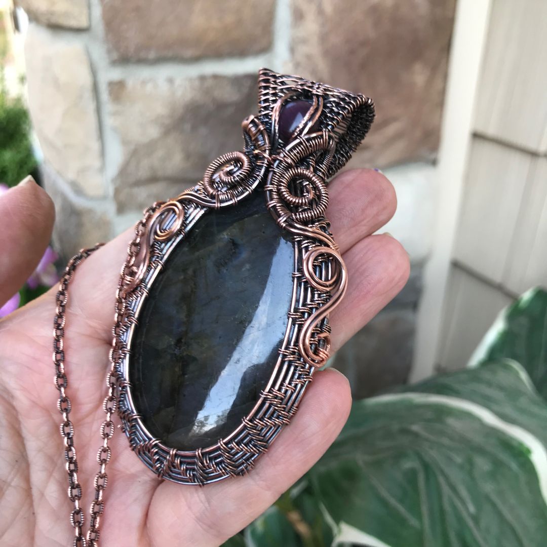purple labradorite pink cats eye large oval woven copper pendant