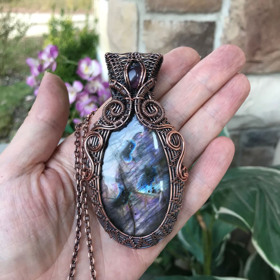 purple labradorite pink cats eye large oval woven copper pendant