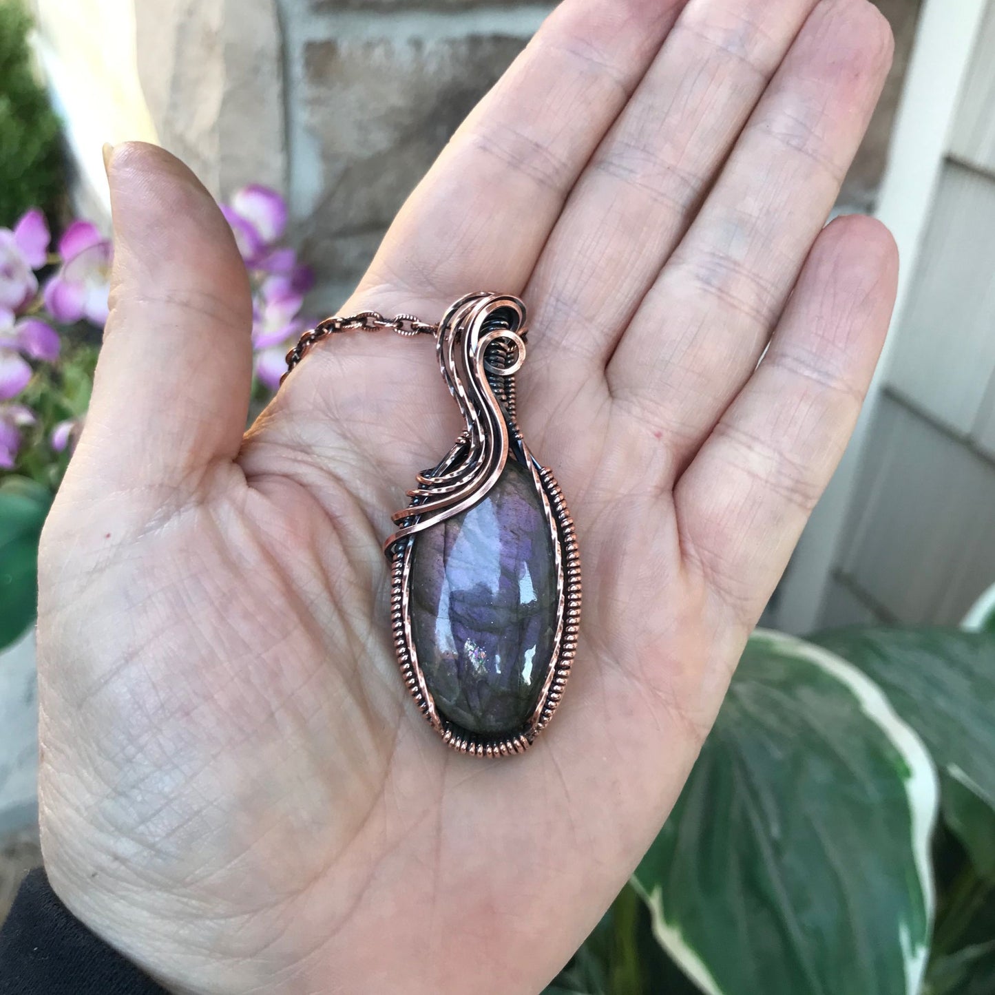 purple labradorite oval copper necklace
