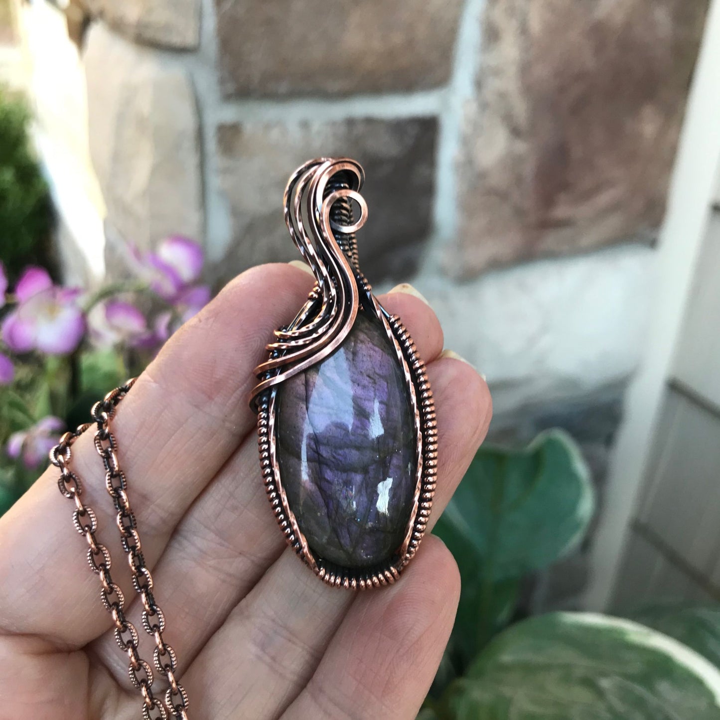 purple labradorite oval copper necklace