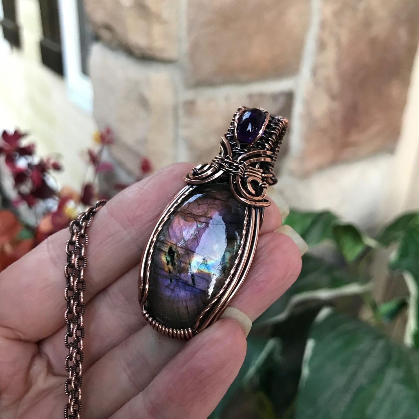 purple rainbow labradorite & amethyst copper pendant