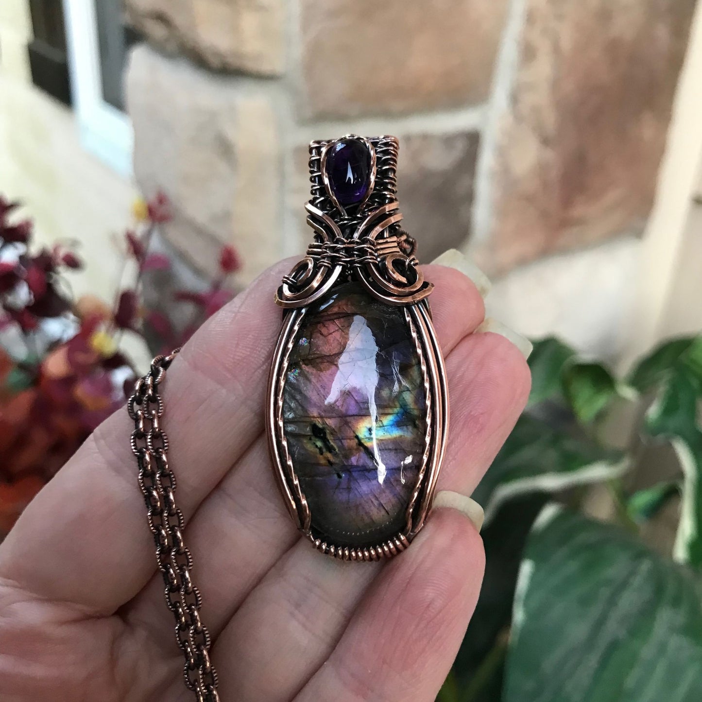 purple rainbow labradorite & amethyst copper pendant
