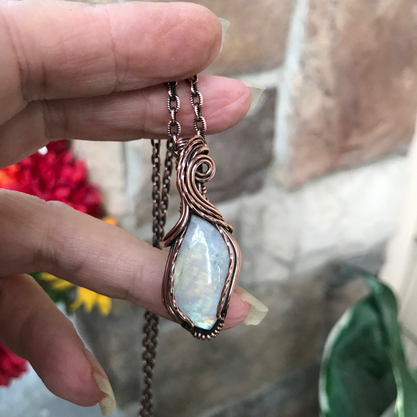 rainbow moonstone copper necklace