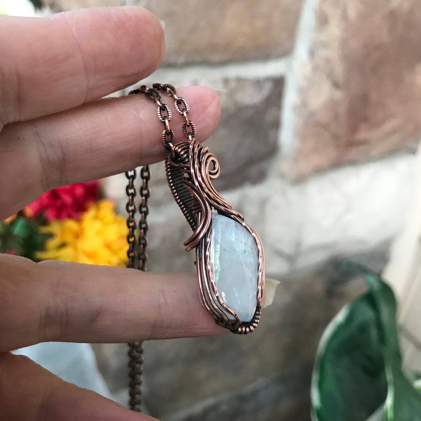 rainbow moonstone copper necklace