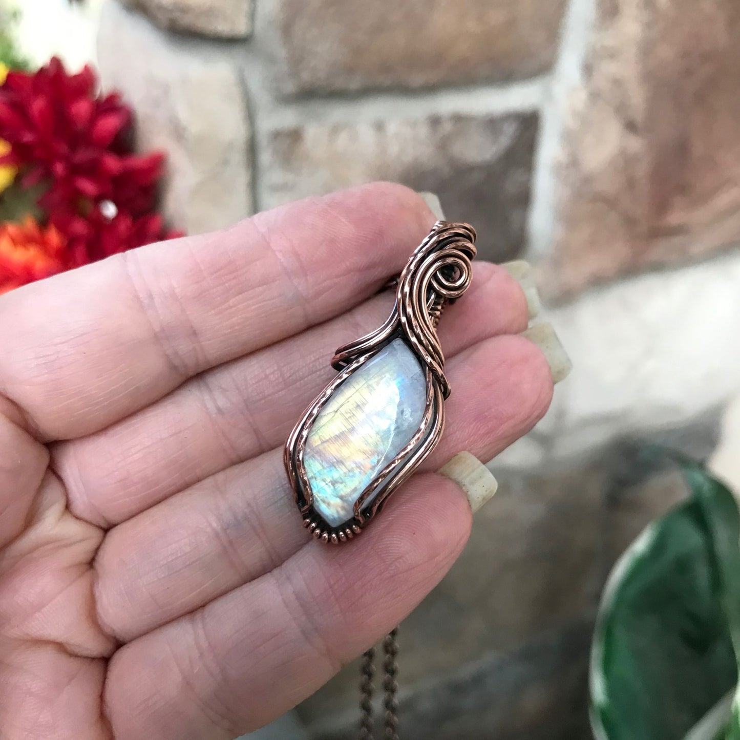 rainbow moonstone copper necklace