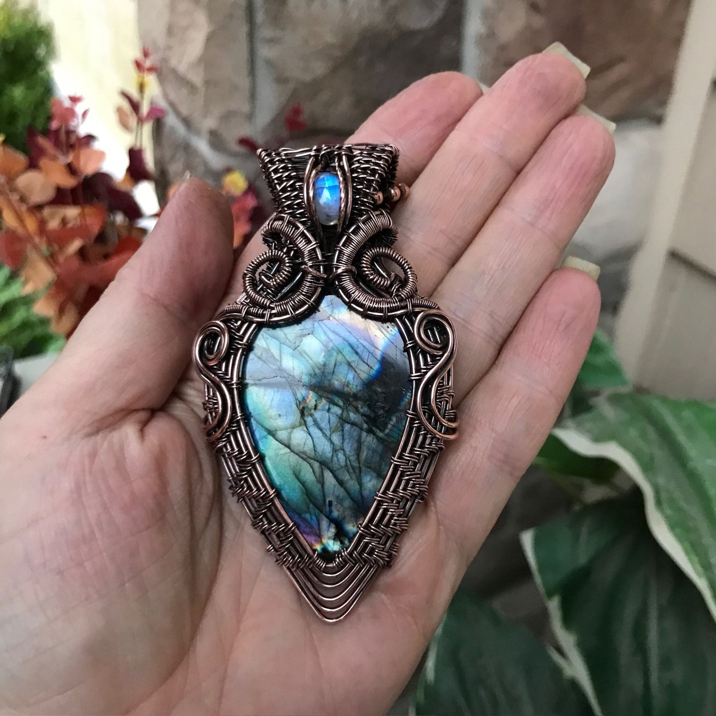teal blue labradorite moonstone wire weave large copper pendant
