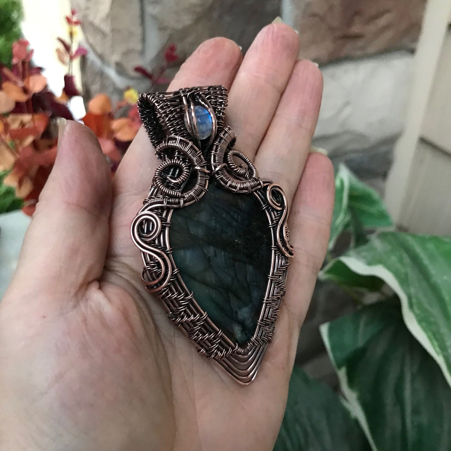 teal blue labradorite moonstone wire weave large copper pendant