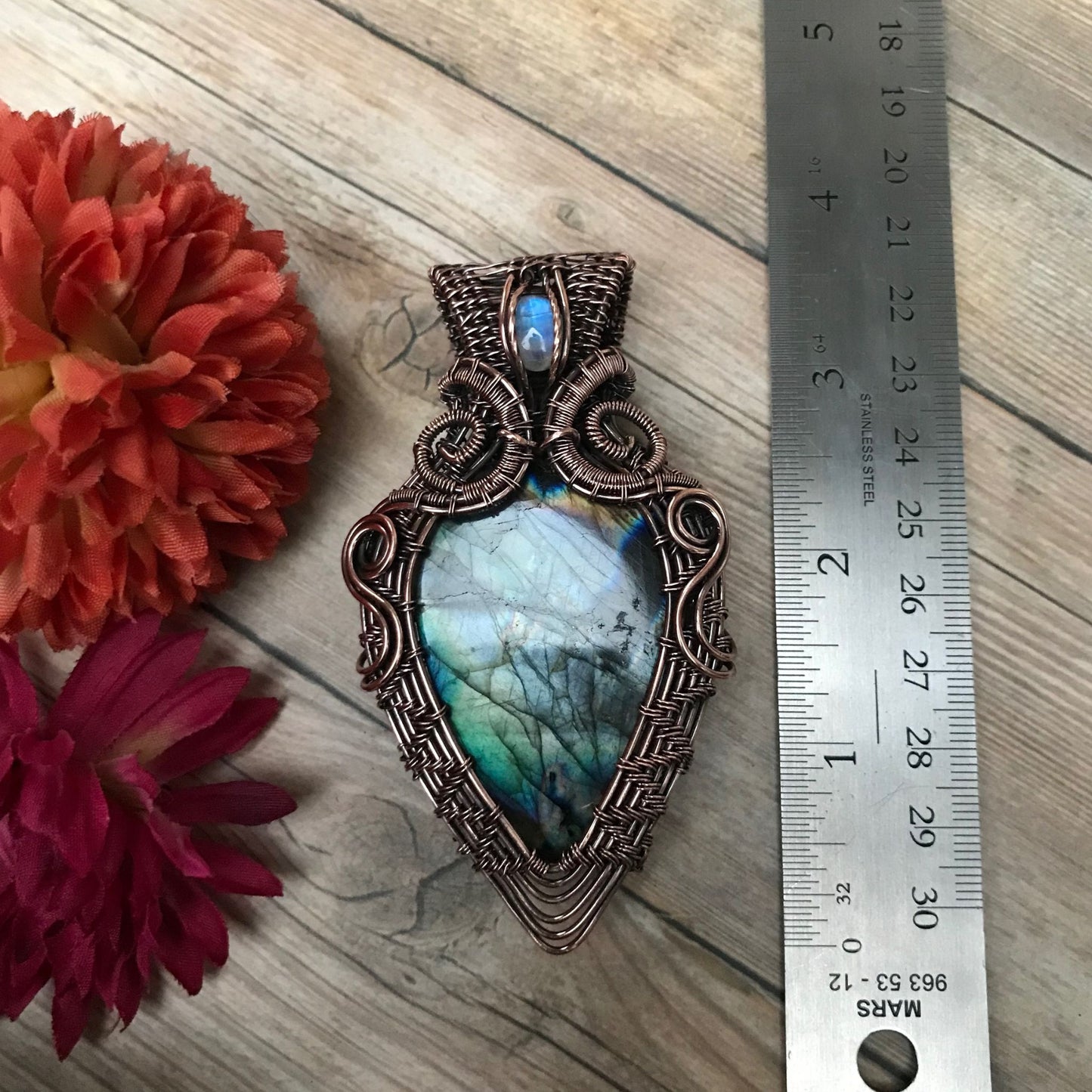 teal blue labradorite moonstone wire weave large copper pendant