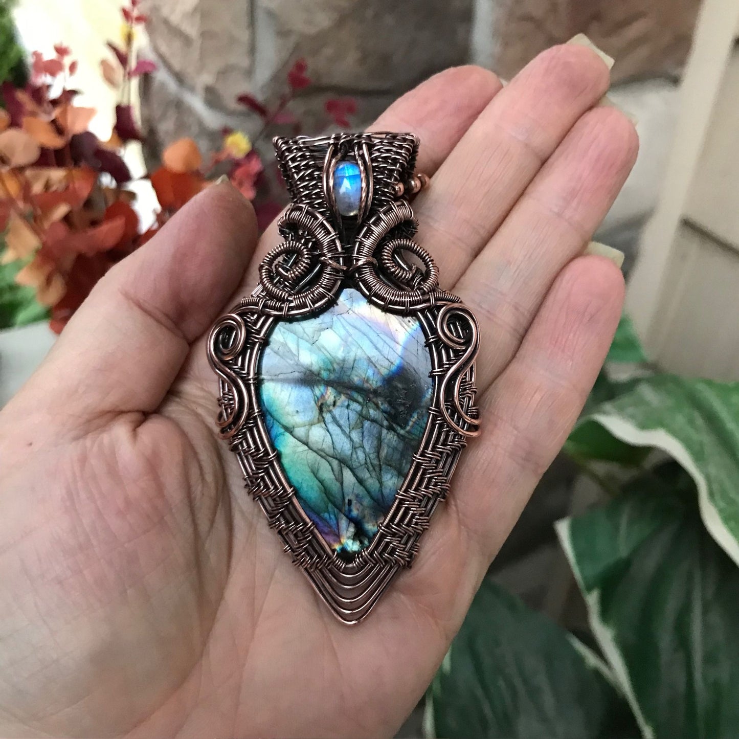 teal labradorite moonstone large swirly wire weave pendant