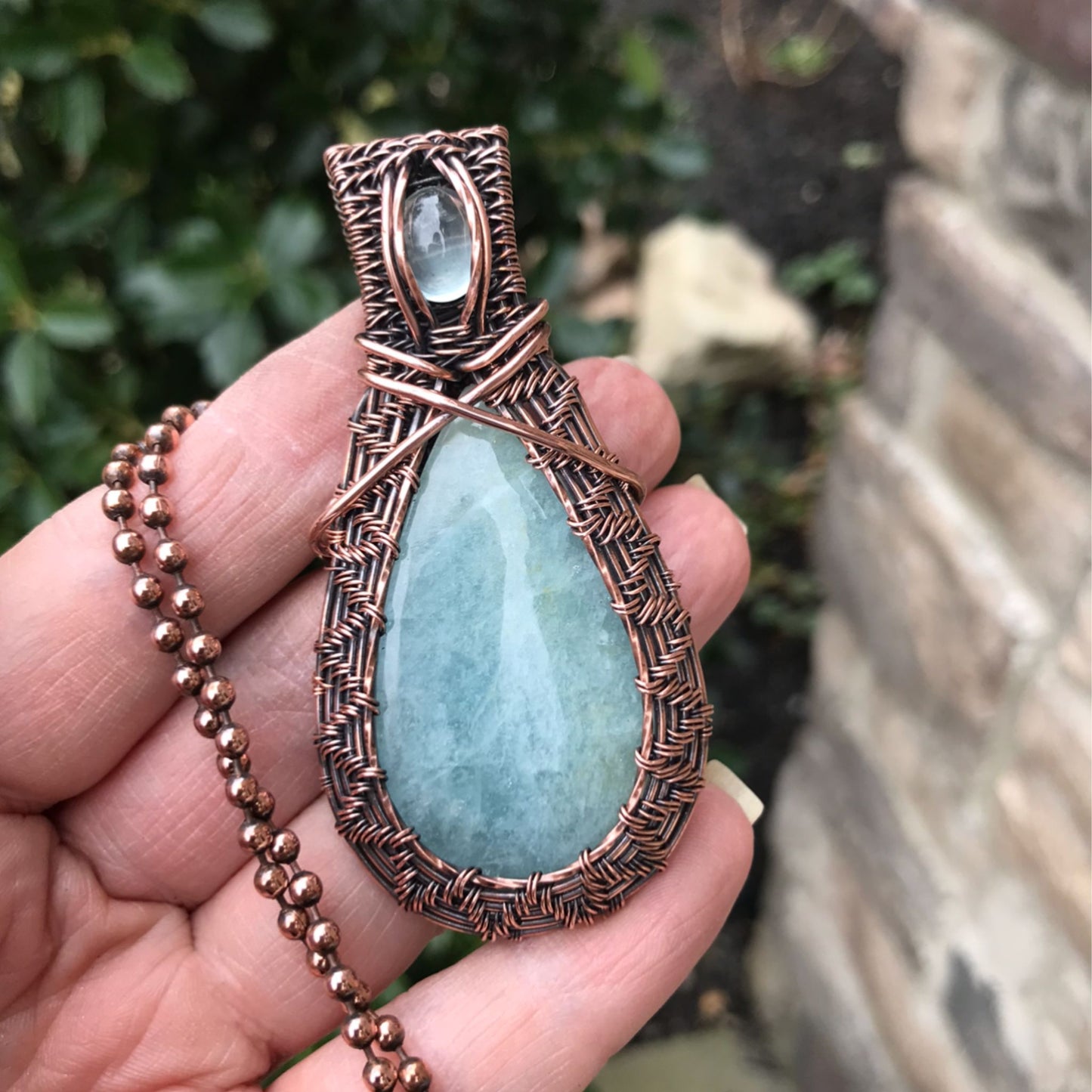 aquamarine copper wire weave woven pendant necklace moonlet jewelry