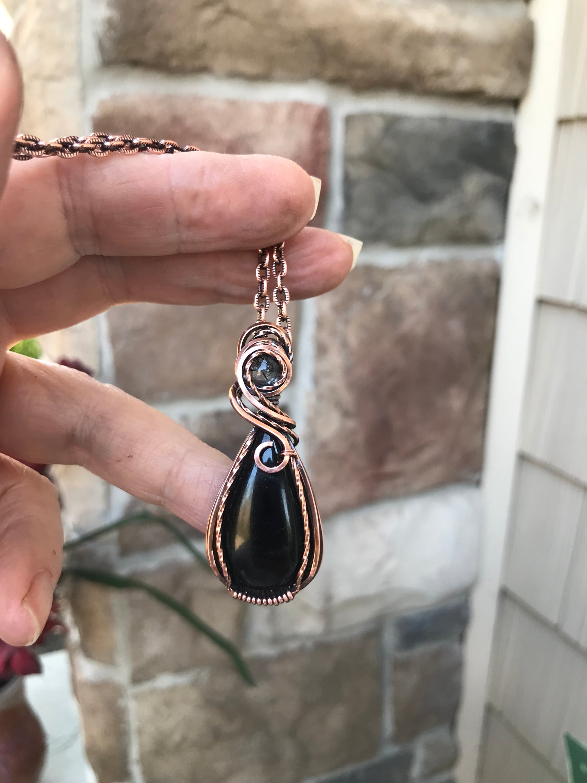 Black Onyx & Black Rutile Quartz Copper Necklace