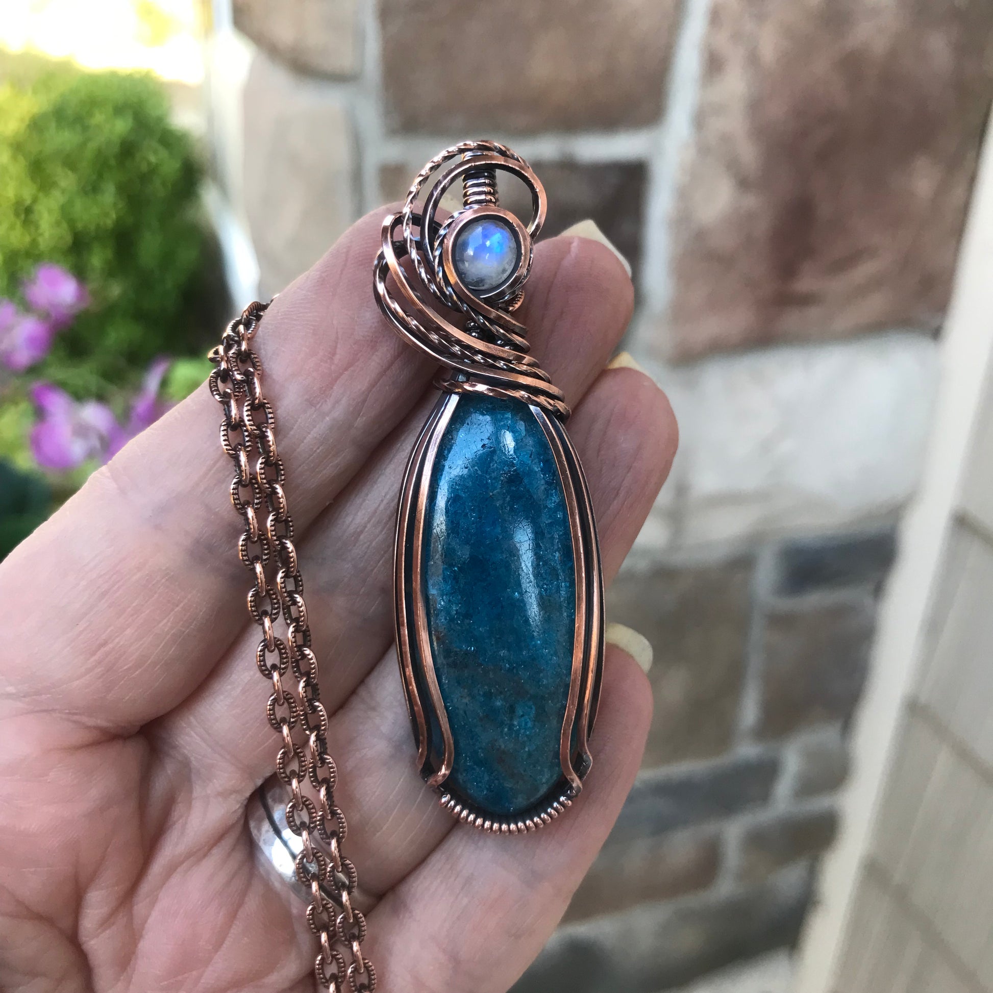 Apatite & Moonstone Slender Copper Necklace