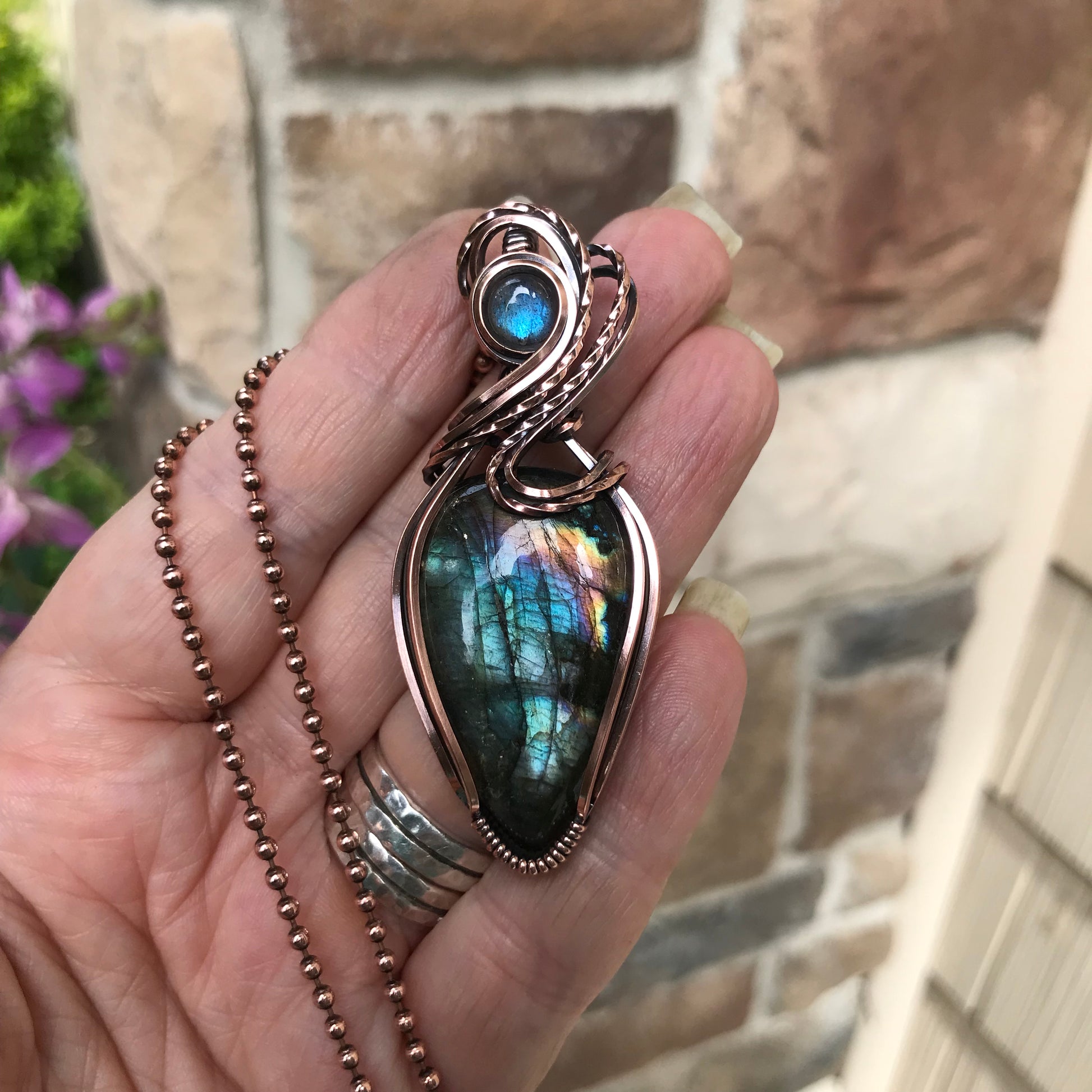 Teal Rainbow Labradorite Copper Pendant