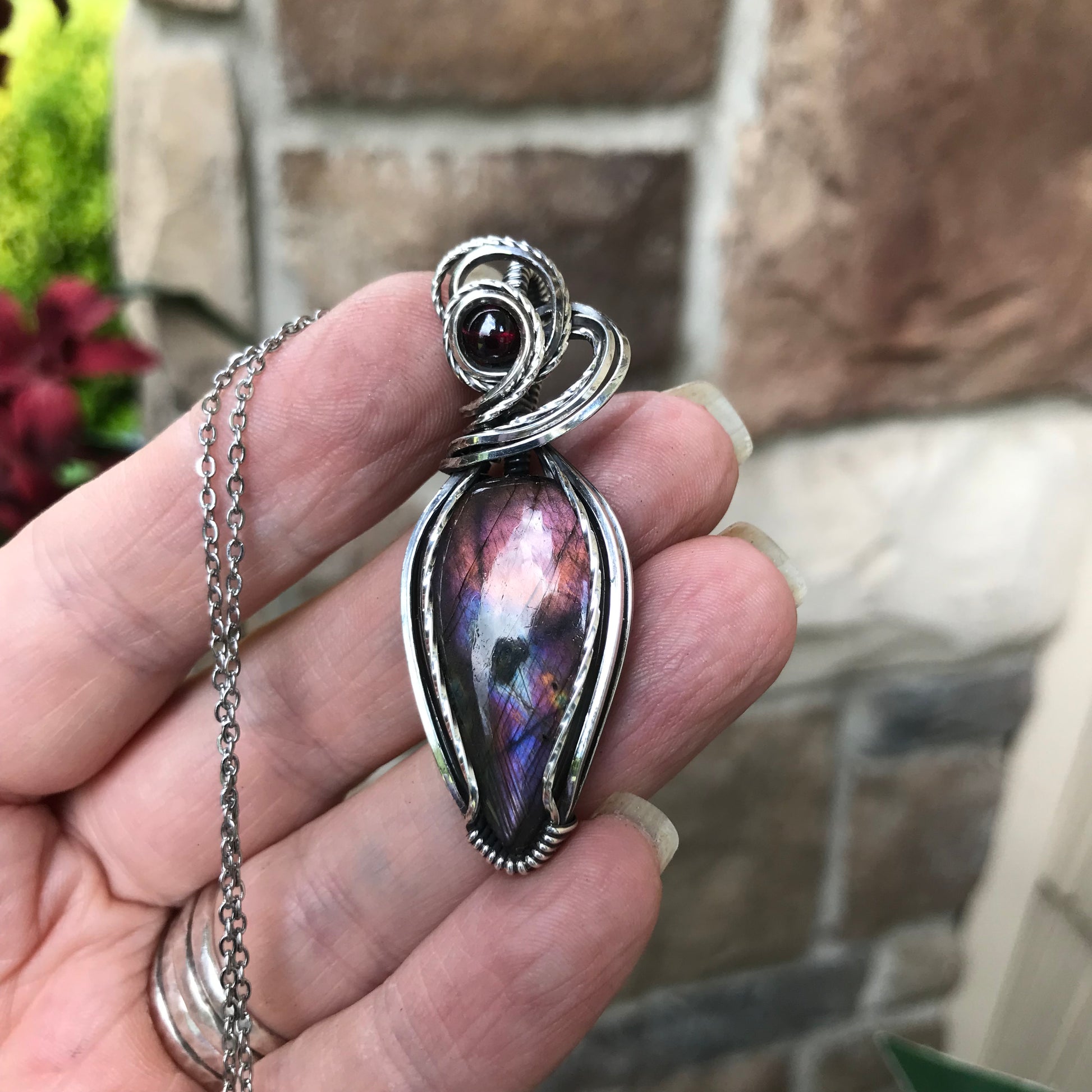 Maroon Amber Labradorite & Garnet Sterling Silver Pendant
