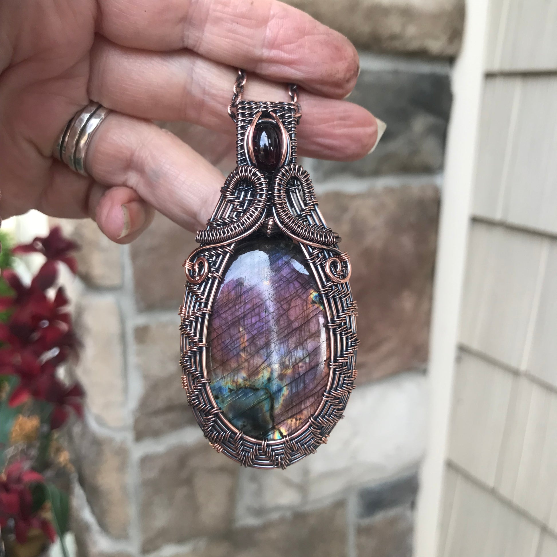 Purple Pink Labradorite with Garnet Woven Copper Pendant