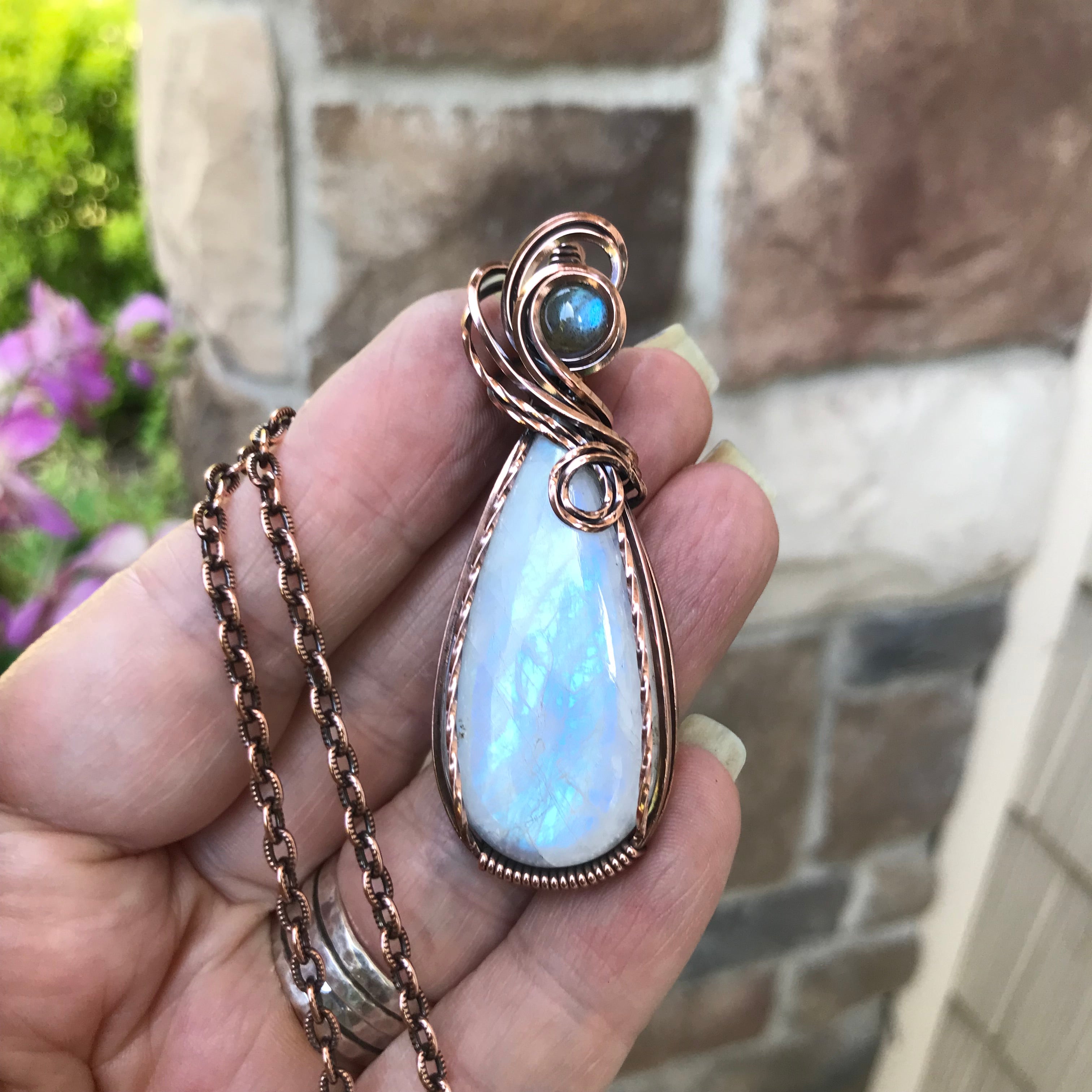 Moonstone & Blue Labradorite Swirly Copper Pendant