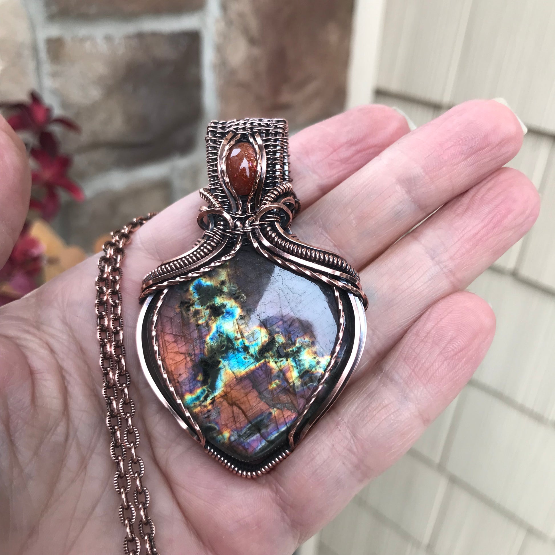 Orange Purple Rainbow Labradorite & Sunstone Copper Pendant with Weaving