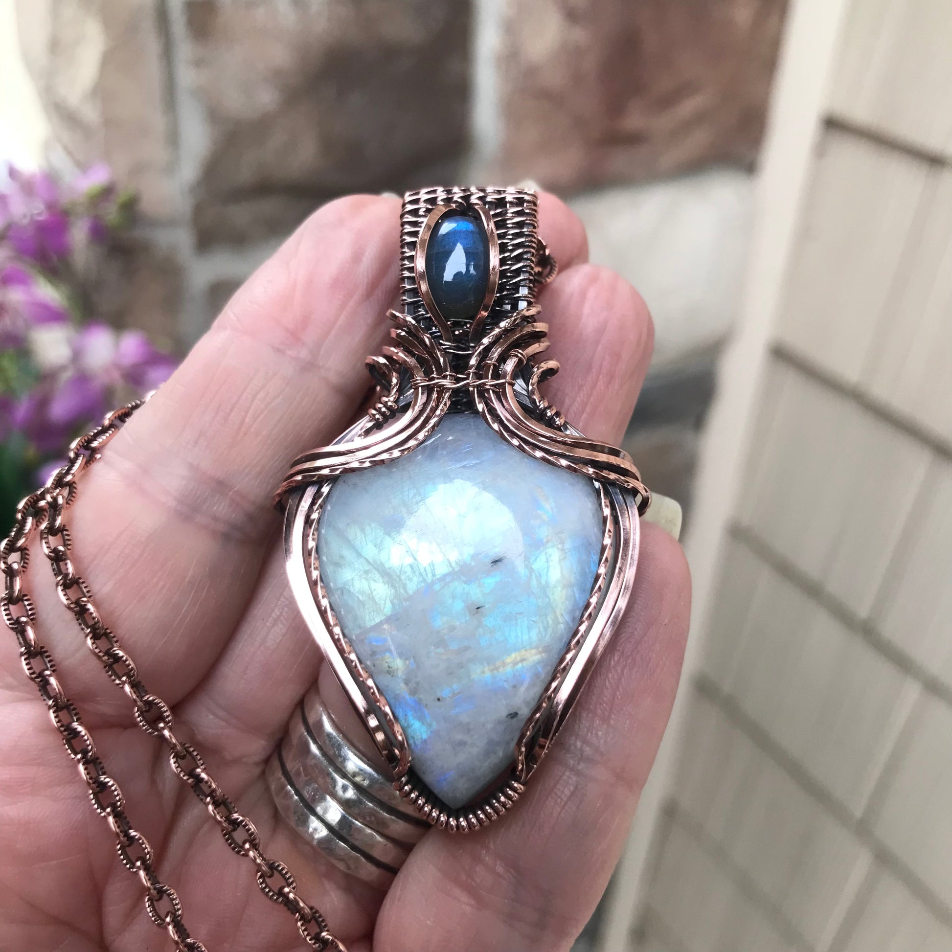 Moonstone & Blue Labradorite Copper Necklace with Weaving